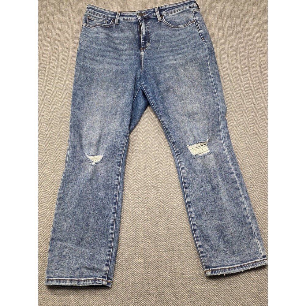 Lauren Conrad Straight Leg Distressed Blue Jeans Women Size 14 High Rise Stretch